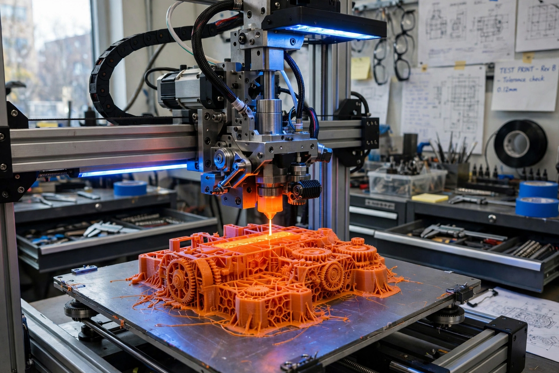 Impressora 3D imprimindo peça técnica industrial em Curitiba