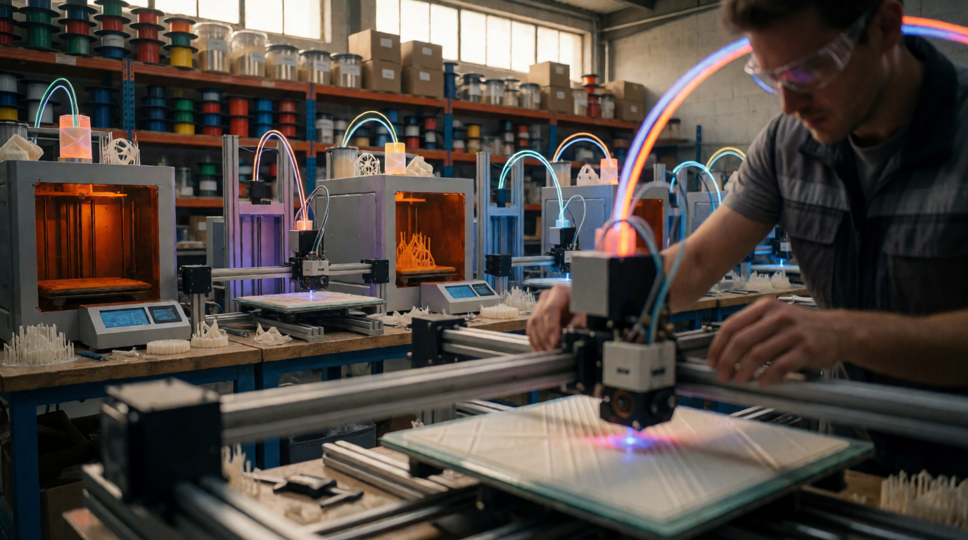 Oficina de impressão 3D industrial com peças técnicas