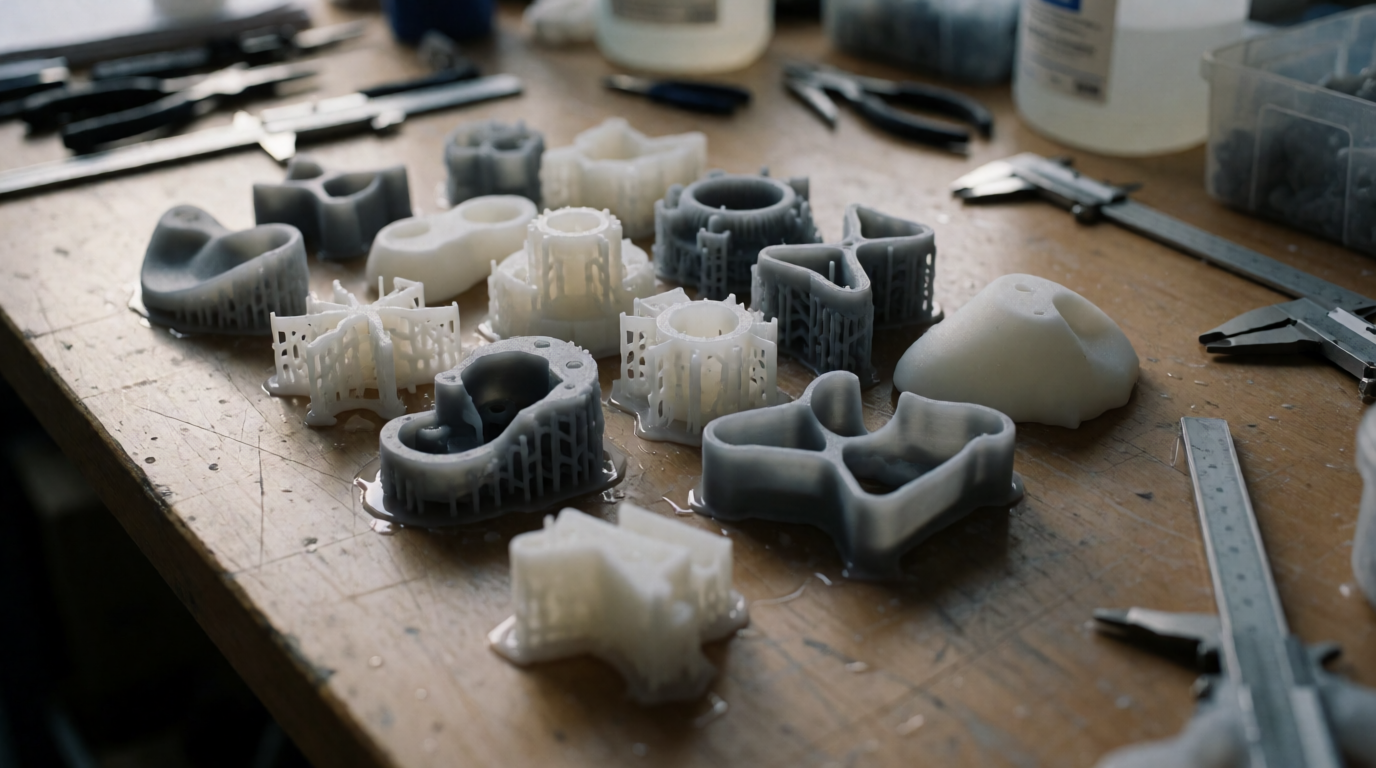 Peças prototipadas em impressão 3D sobre mesa de trabalho