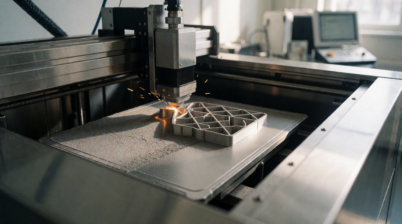 Impressora 3D industrial fabricando peça em laboratório