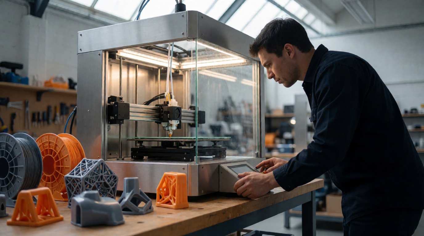 Técnico operando impressora 3D industrial em Caruaru