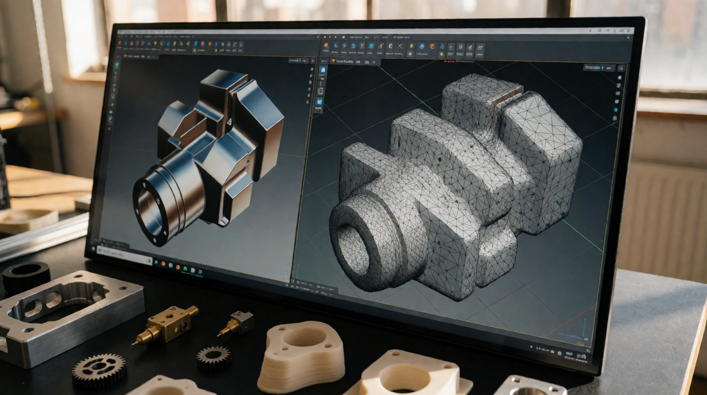 Comparação entre malha de escaneamento e modelo CAD em tela de computador