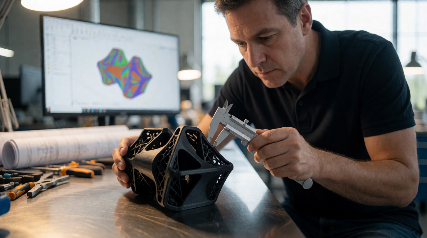 Engenheiro mecânico inspecionando peça impressa em 3D