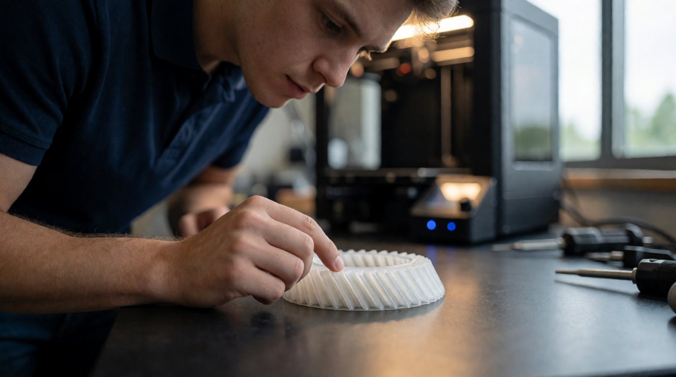 Engenheiro analisando peça técnica impressa em 3D