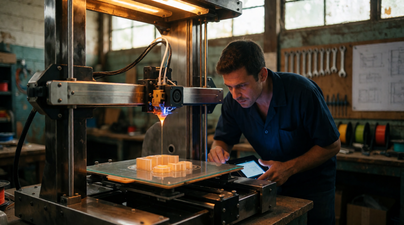 Técnico operando impressora 3D industrial em São Luís