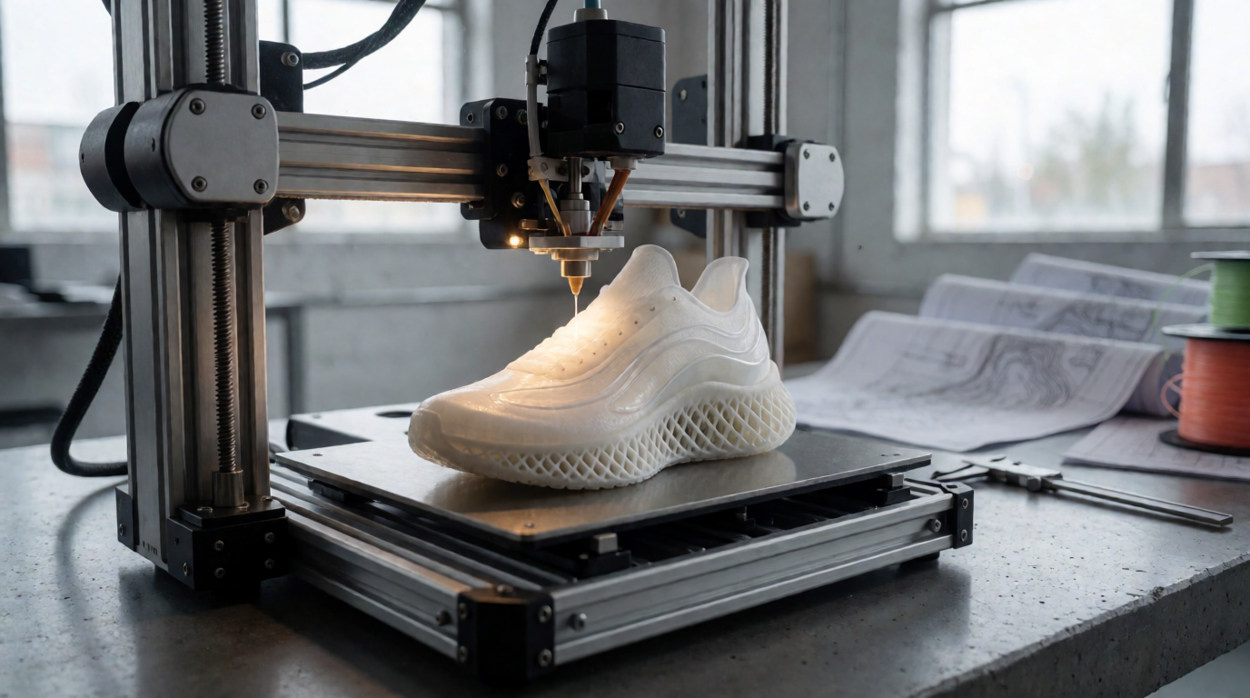 Protótipo de sapato sendo impresso em 3D para indústria calçadista