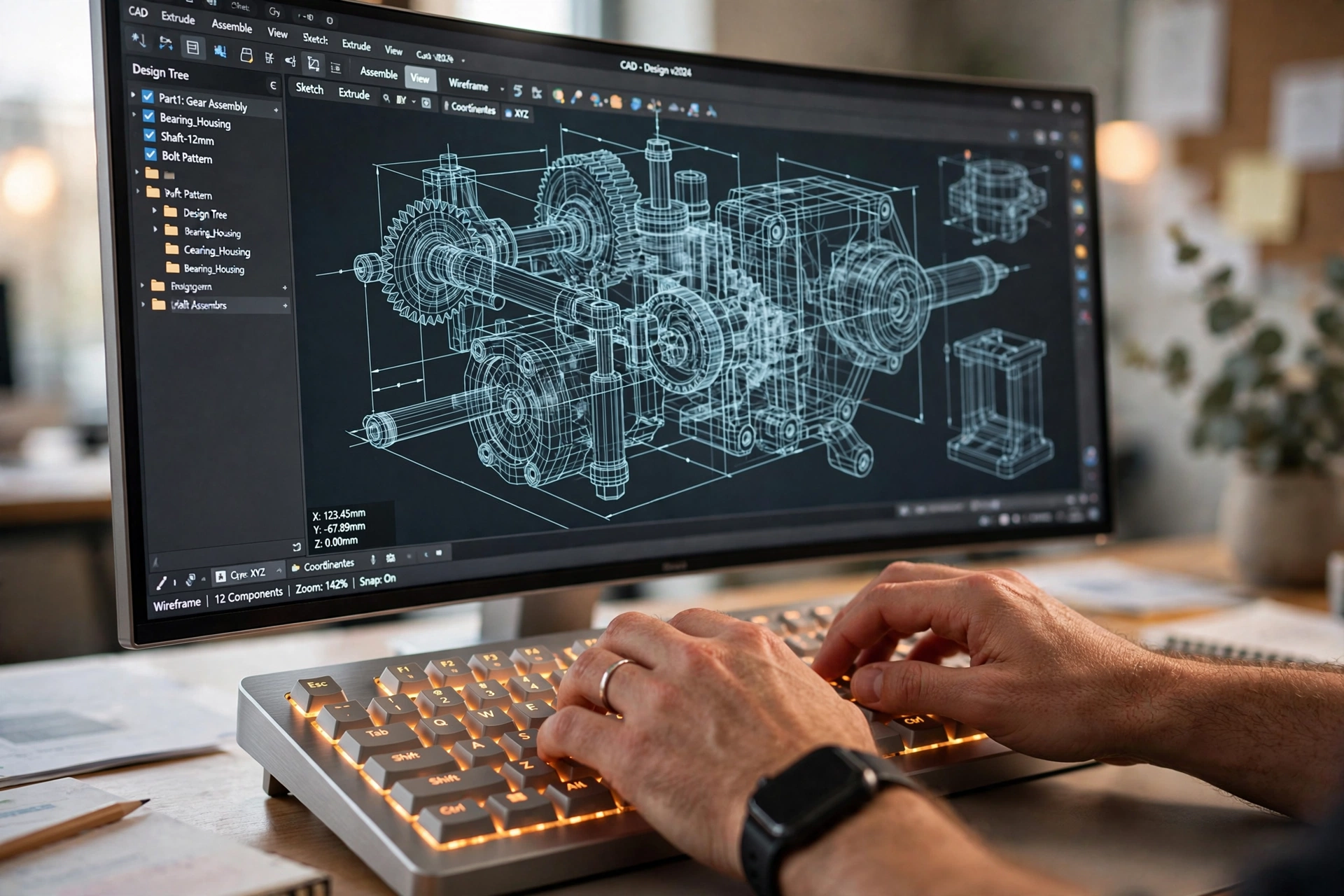 Software de modelagem 3D CAD na tela do computador