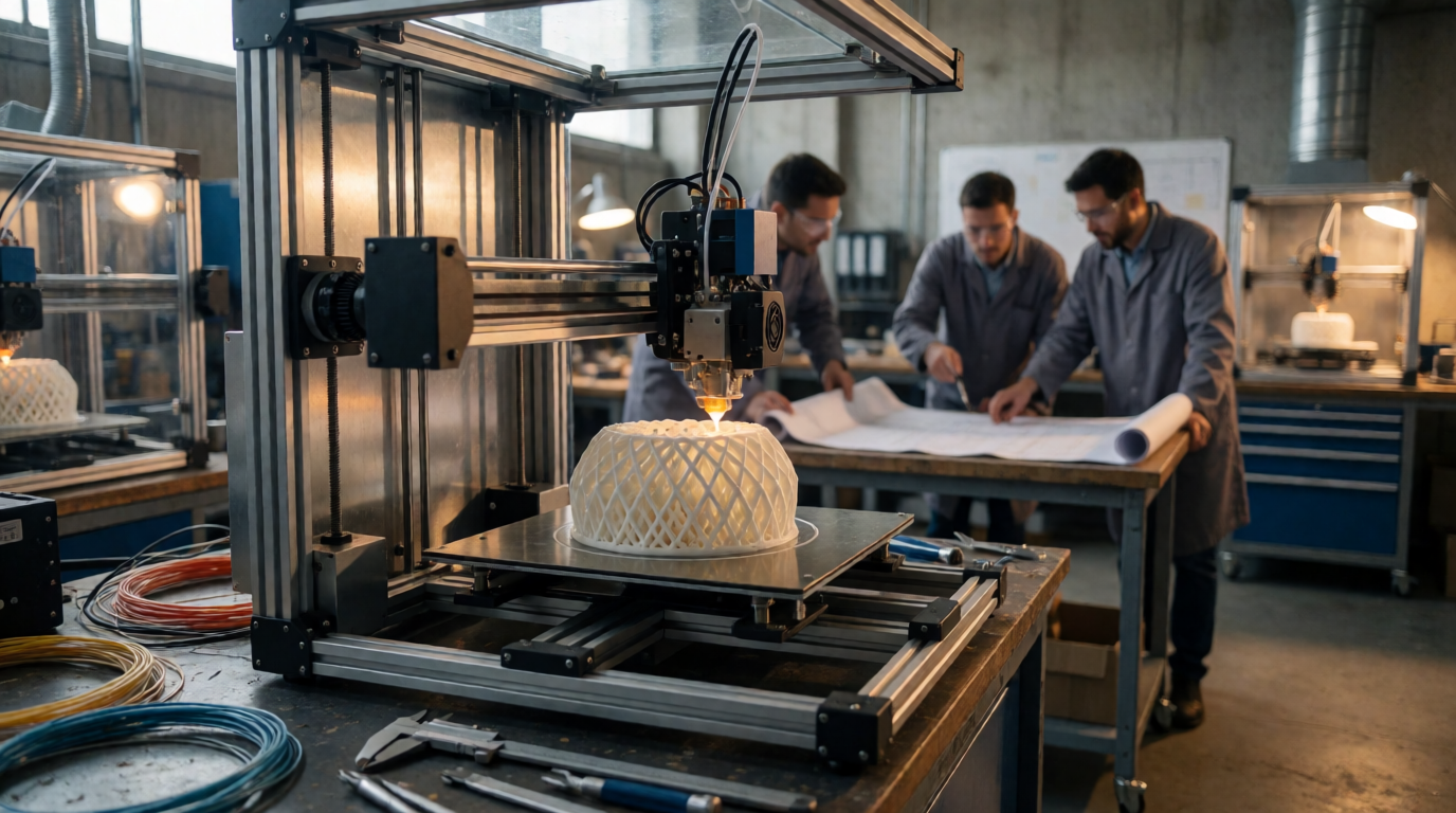 Oficina profissional de impressão 3D em operação