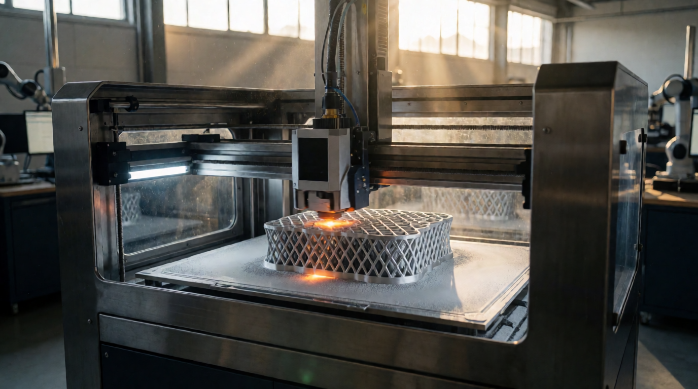 Impressora 3D industrial em ambiente de trabalho profissional