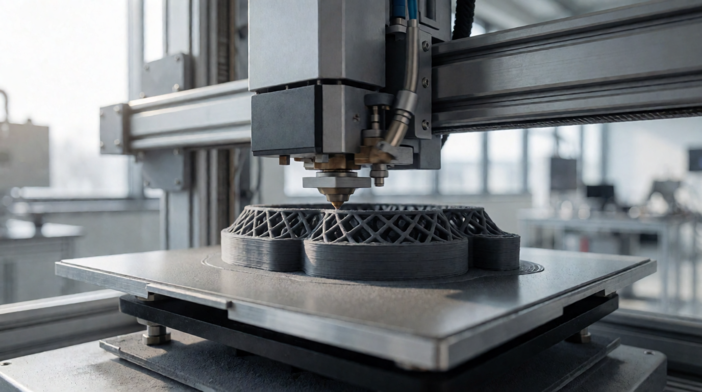 Técnico operando impressora 3D industrial em empresa especializada