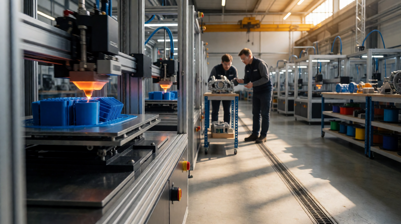 Fábrica de impressão 3D com máquinas em operação