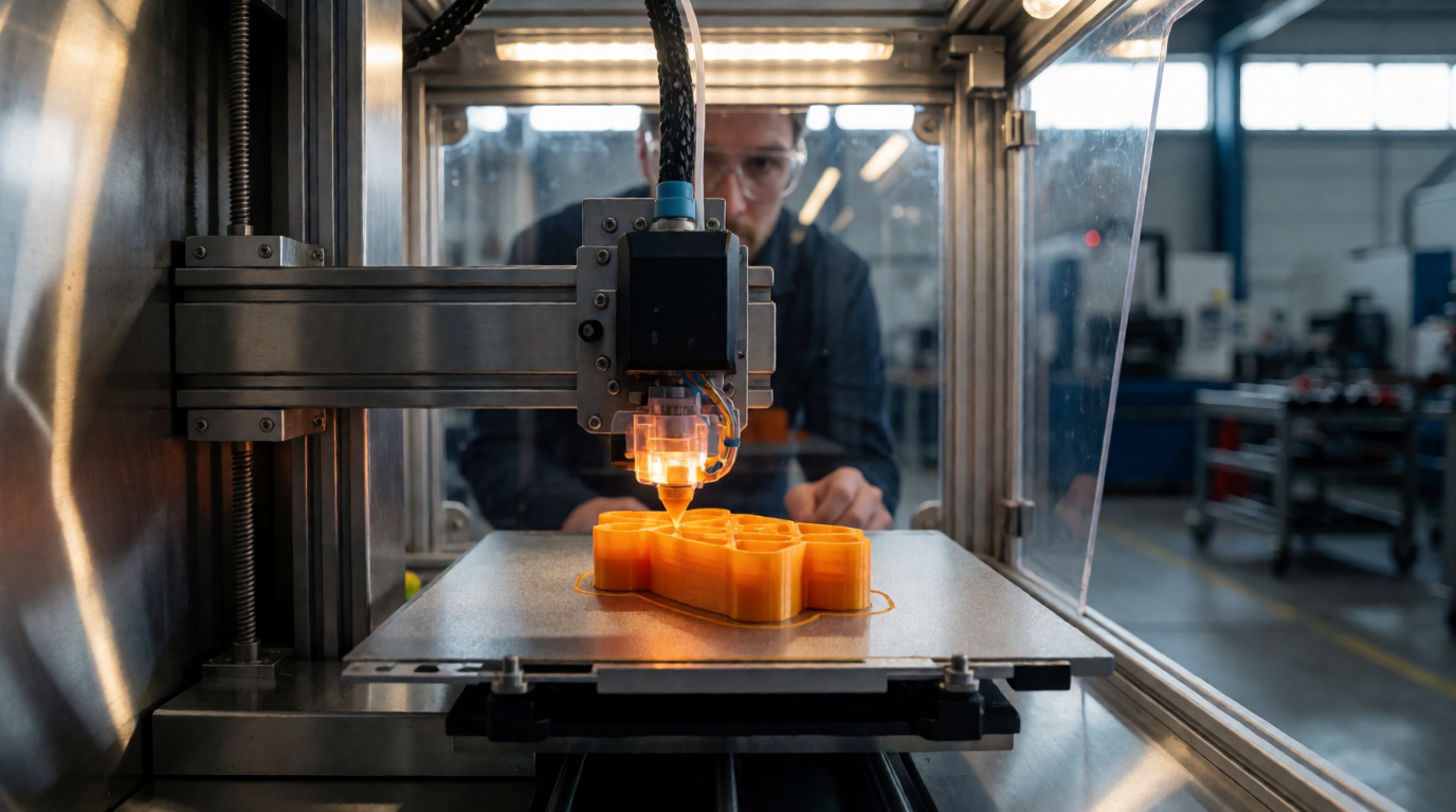 Impressora 3D industrial em operação em fábrica
