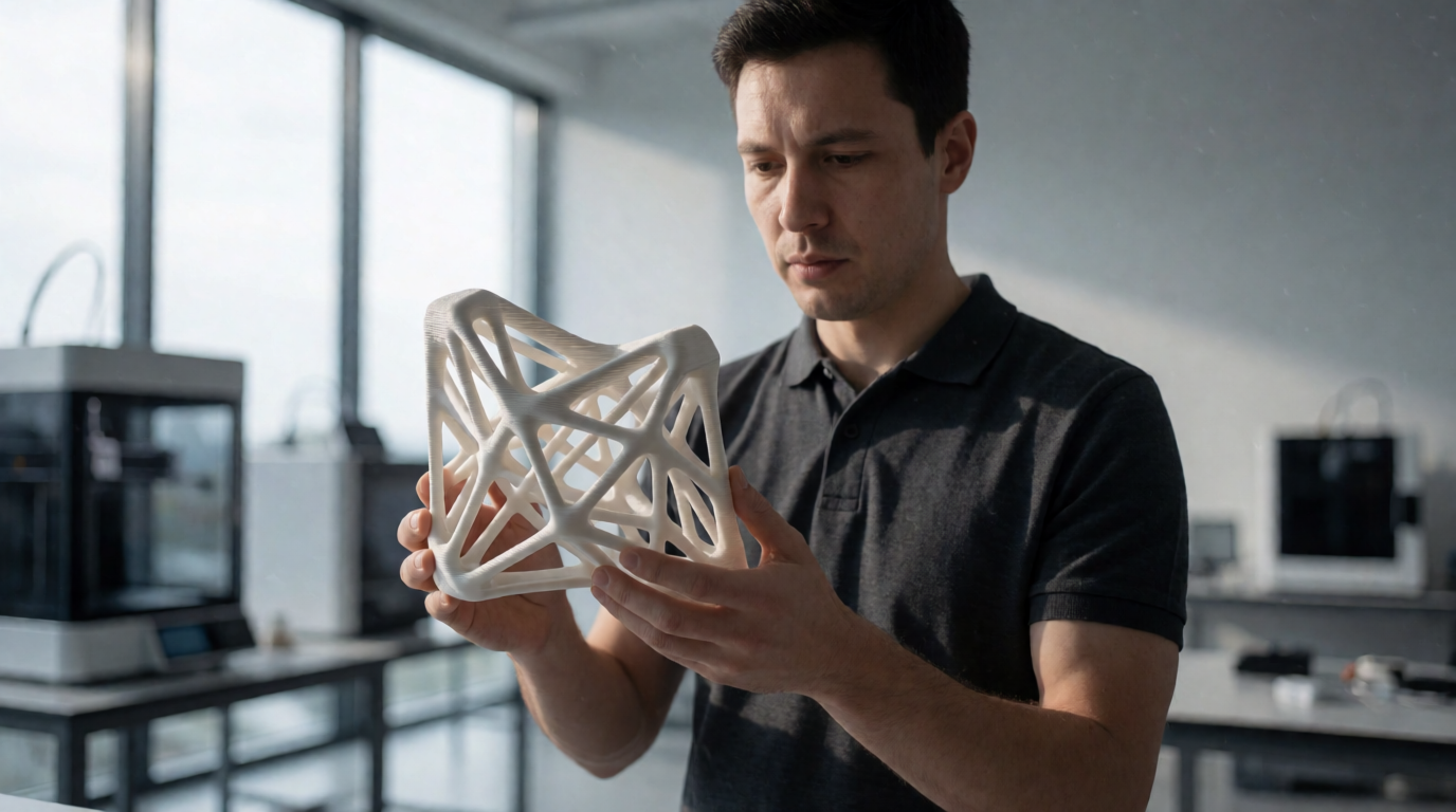 Engenheiro segurando protótipo impresso em 3D