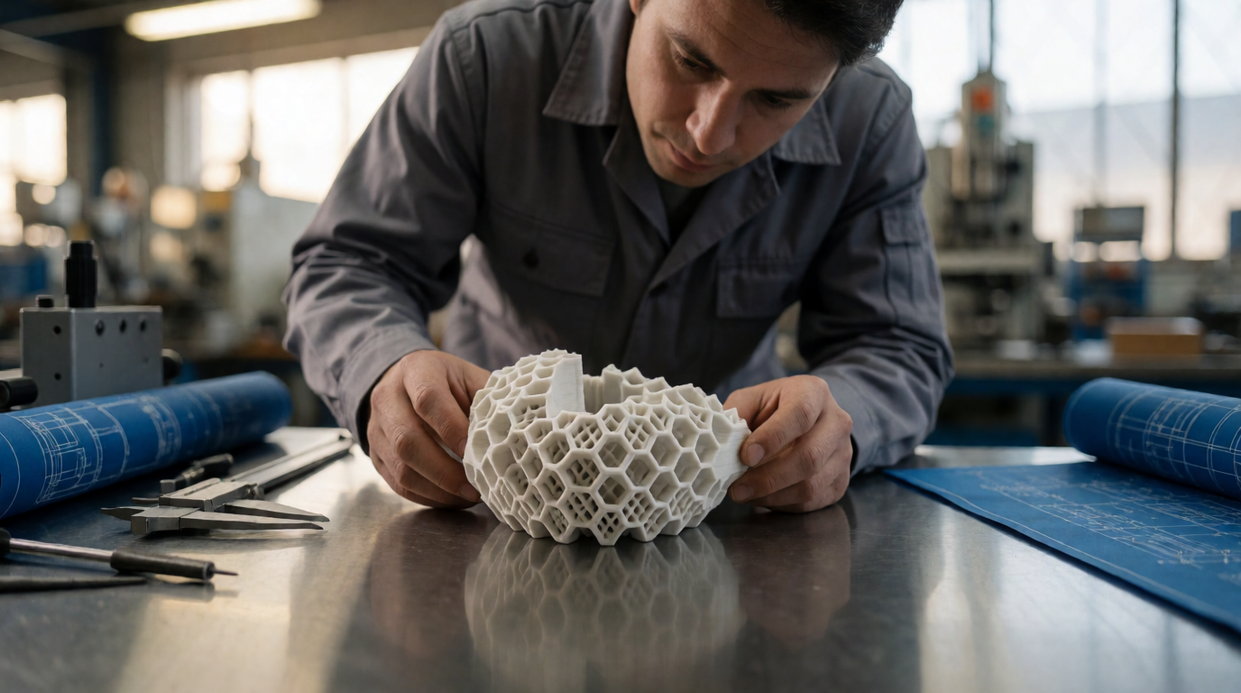 Técnico avaliando peça impressa em 3D na região metropolitana de Recife