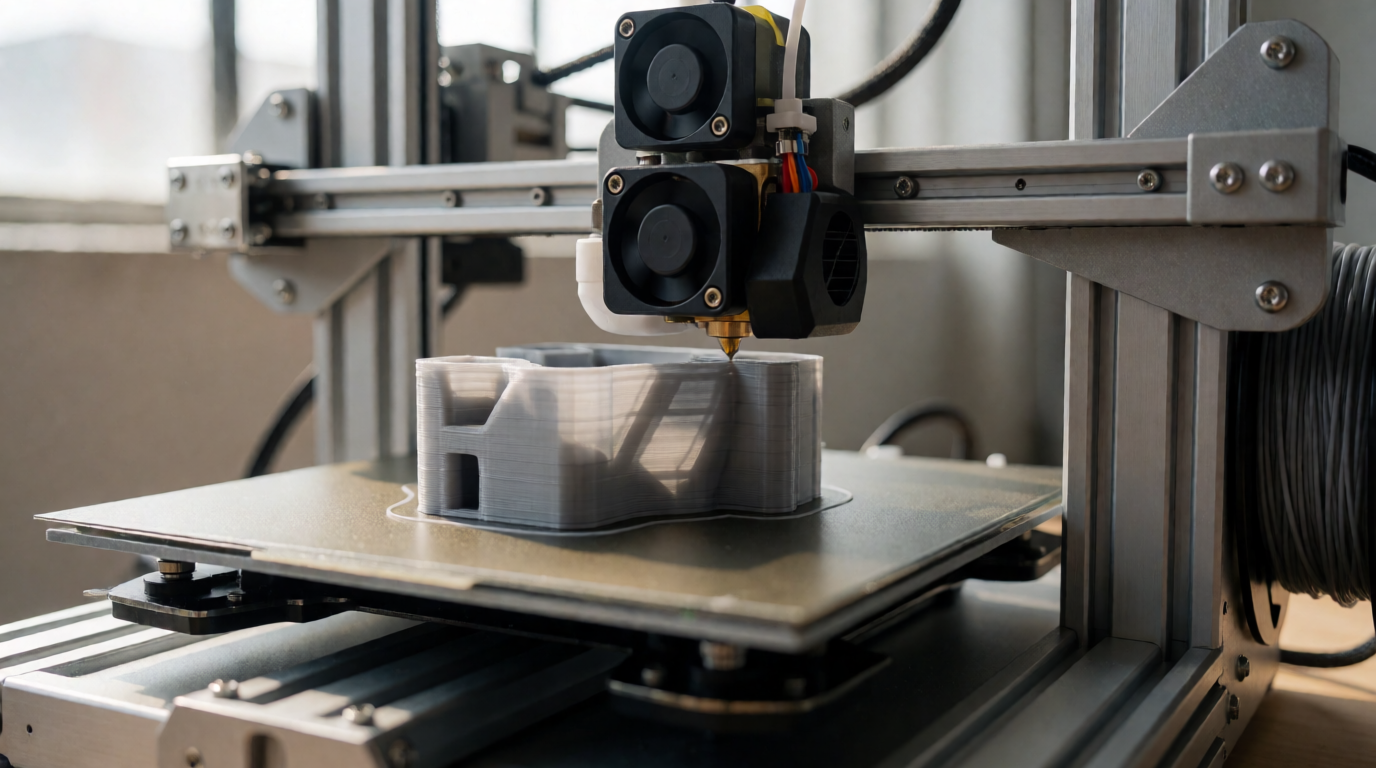 Impressora 3D produzindo peça em PLA em ambiente de escritório