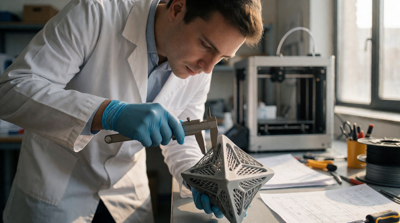 Técnico realizando controle de qualidade em peça impressa em 3D