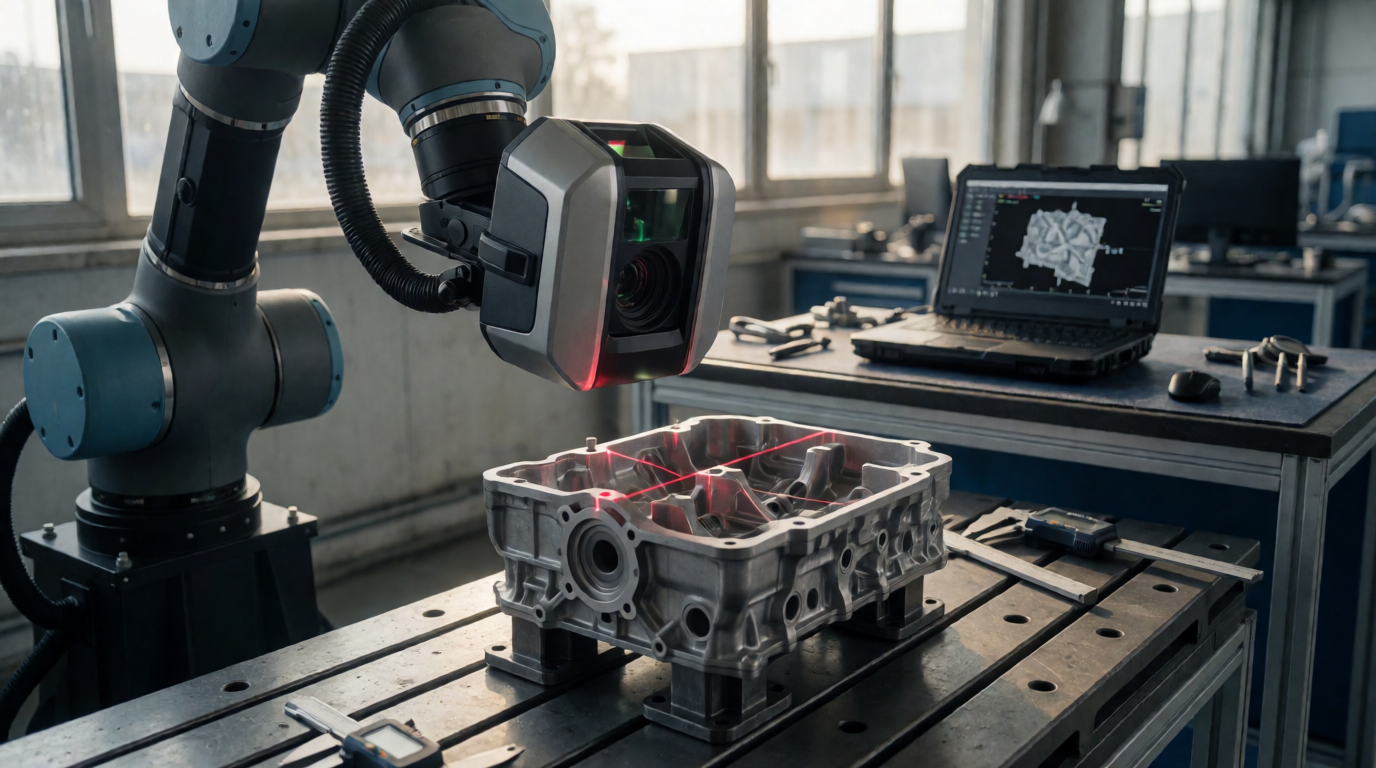 Técnico realizando escaneamento 3D de peça industrial