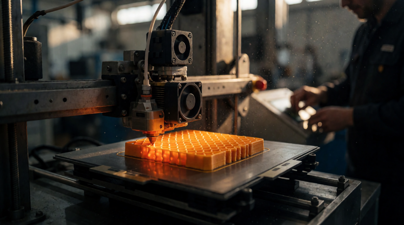 Impressora 3D industrial em operação em oficina de manufatura aditiva