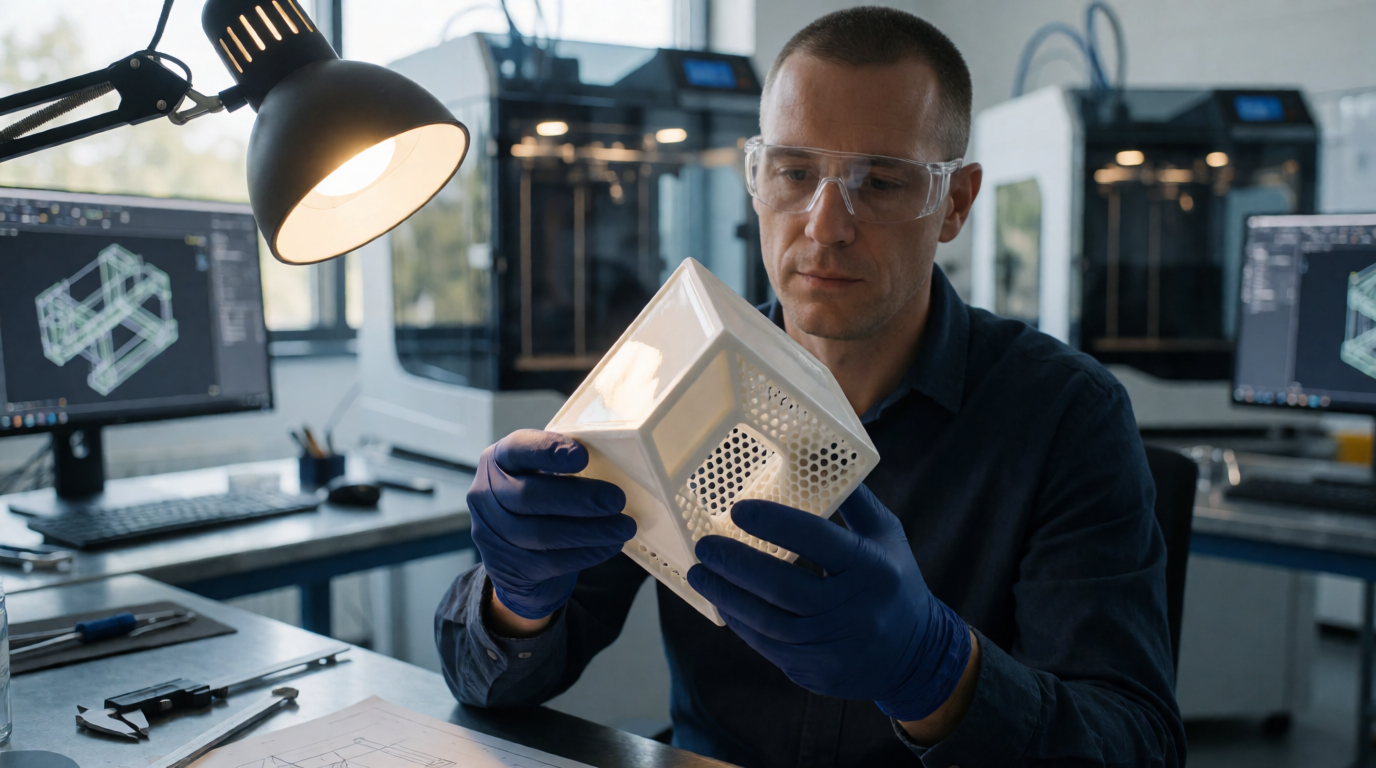 Engenheiro analisando peça impressa em 3D em Goiânia