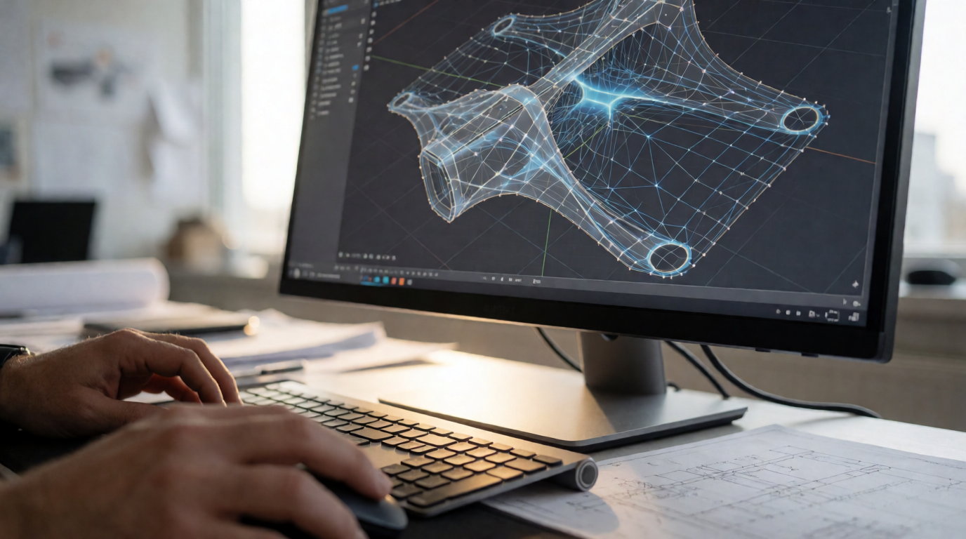 Detalhe de software CAD com modelagem de superfície complexa