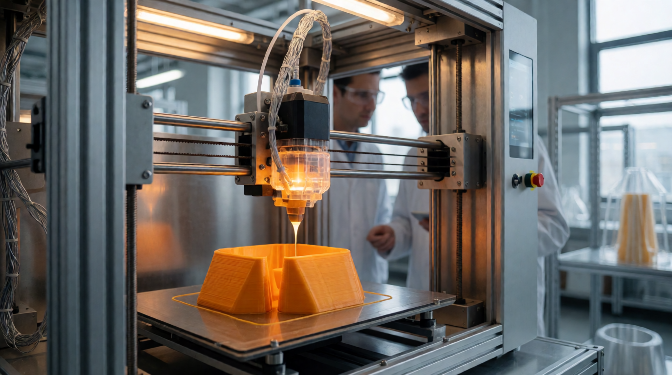 Impressora 3D industrial em operação em ambiente fabril