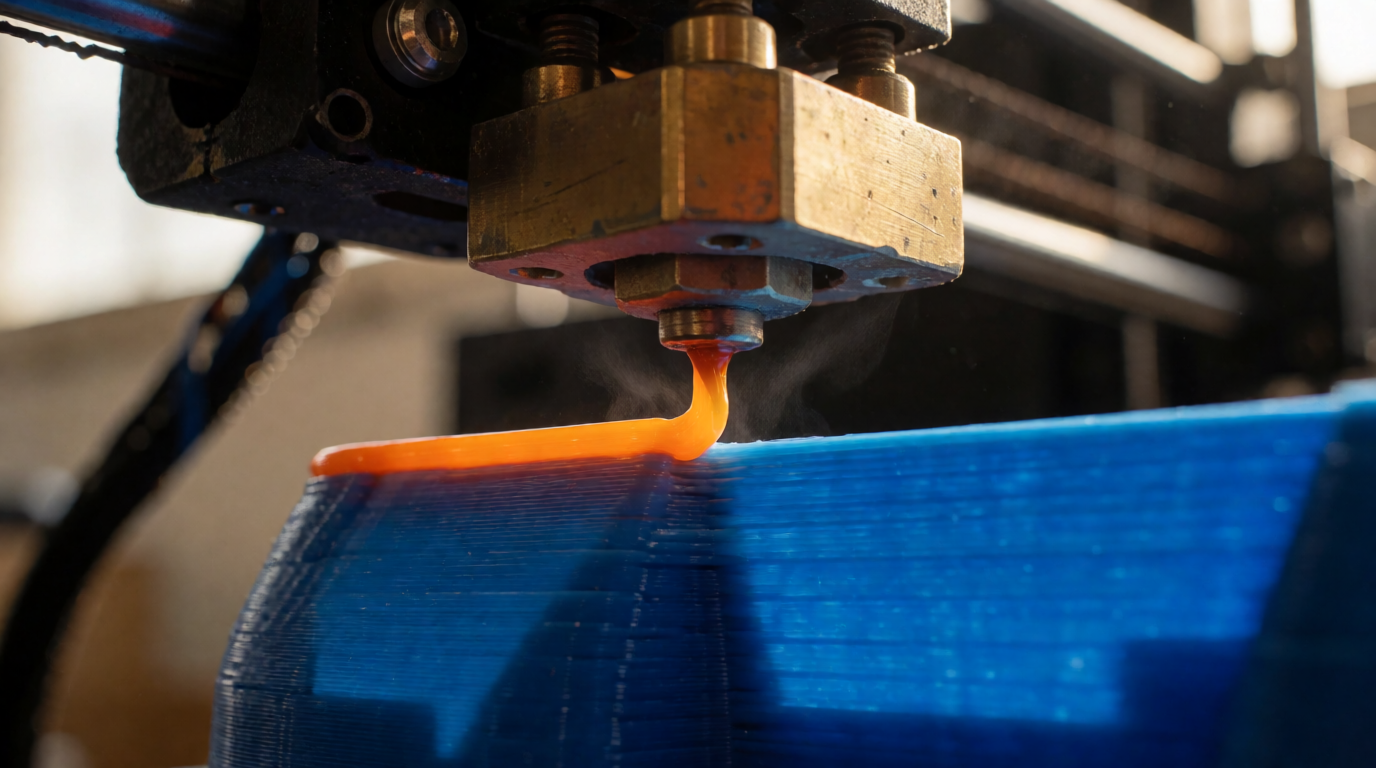 Close detalhado de bico de impressora 3D depositando filamento PLA