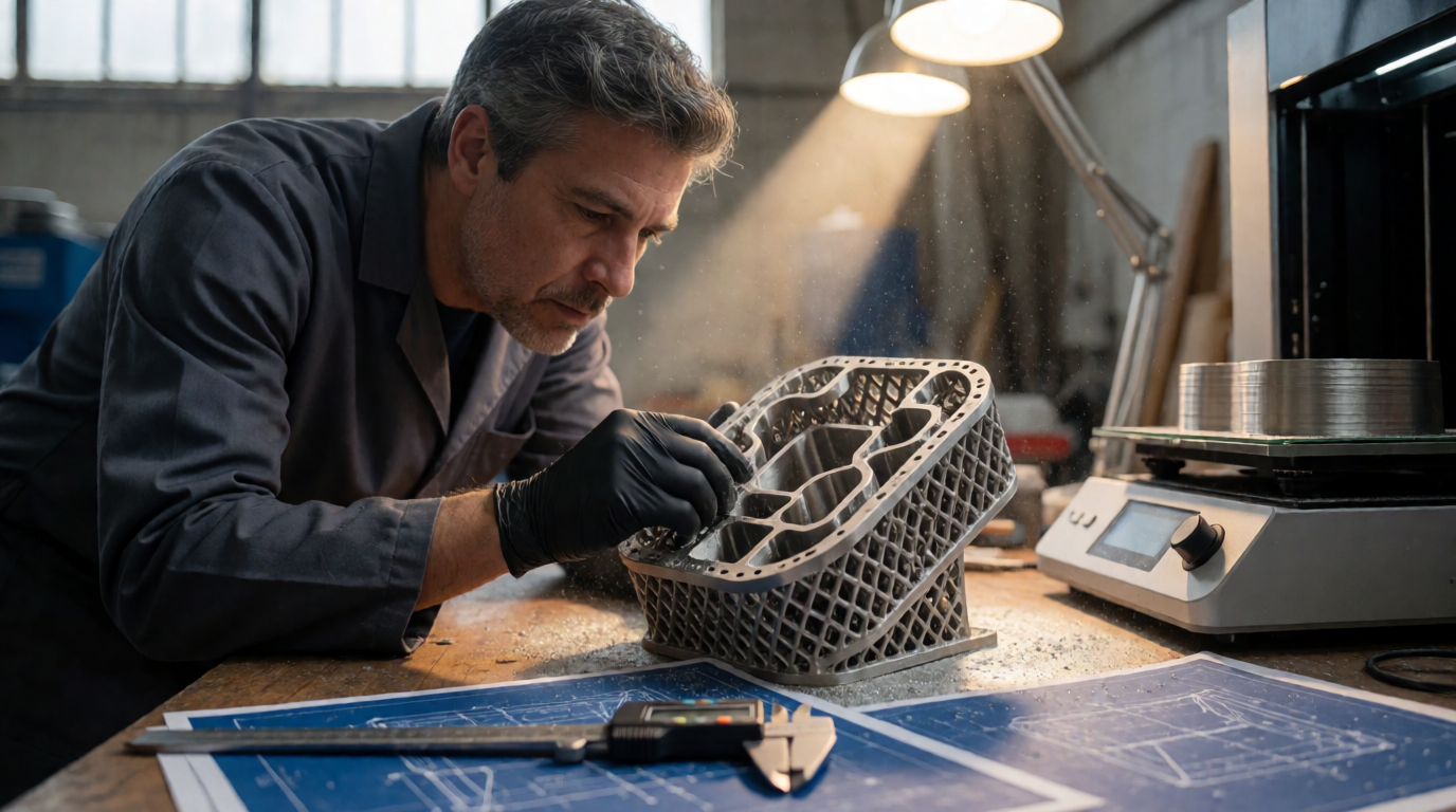 Engenheiro avaliando peça técnica impressa em 3D