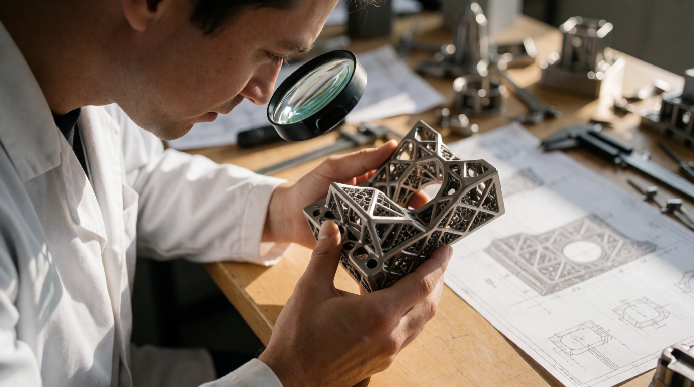 Engenheiro industrial examina peças 3D em Vitória da Conquista