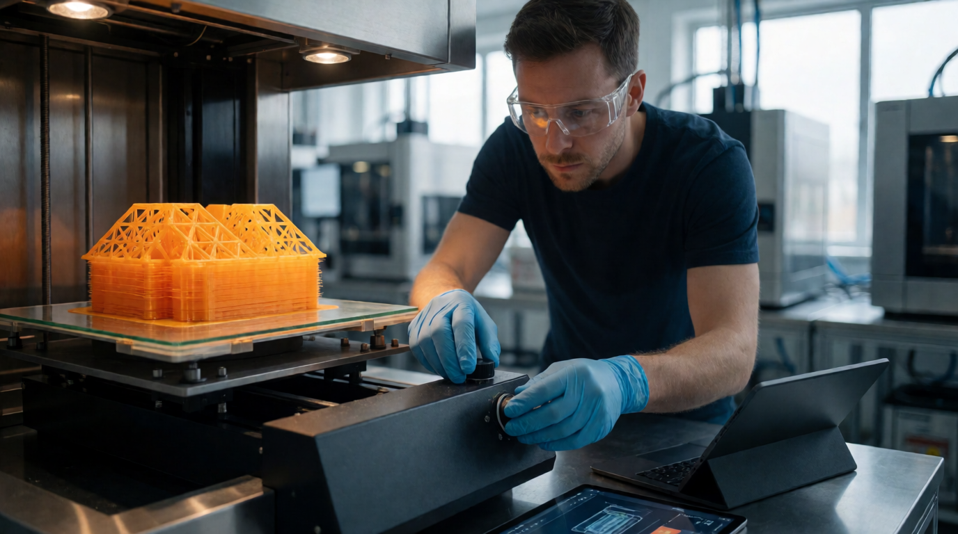 Técnico operando impressora 3D em ambiente profissional