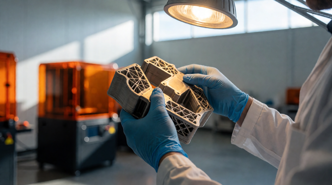 Técnico inspecionando peças industriais impressas em 3D
