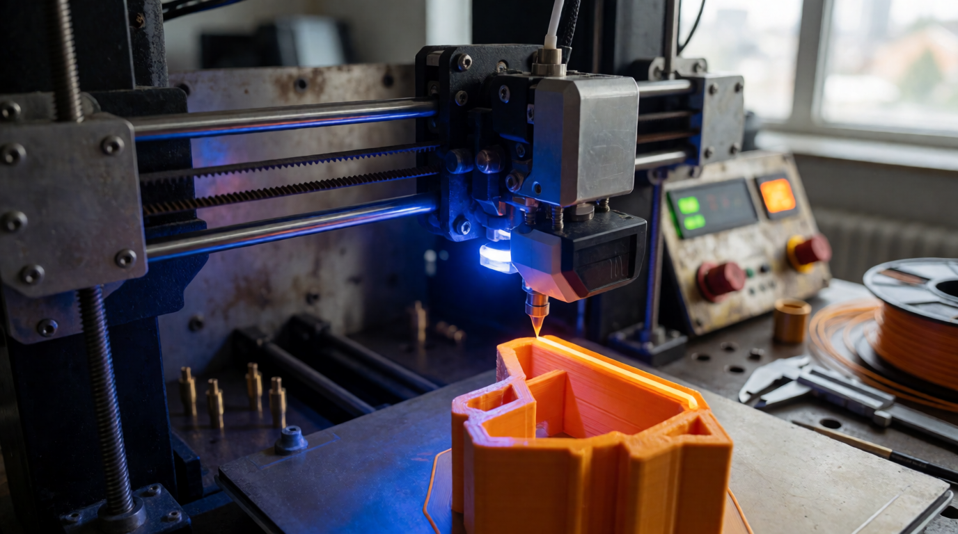 Impressora 3D industrial em operação com peças técnicas