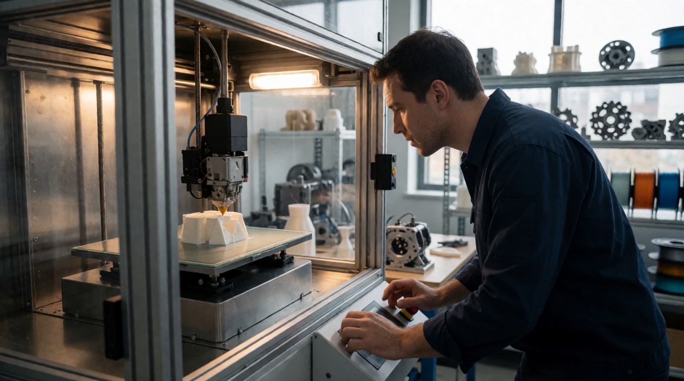 Técnico operando impressora 3D profissional em Boa Vista
