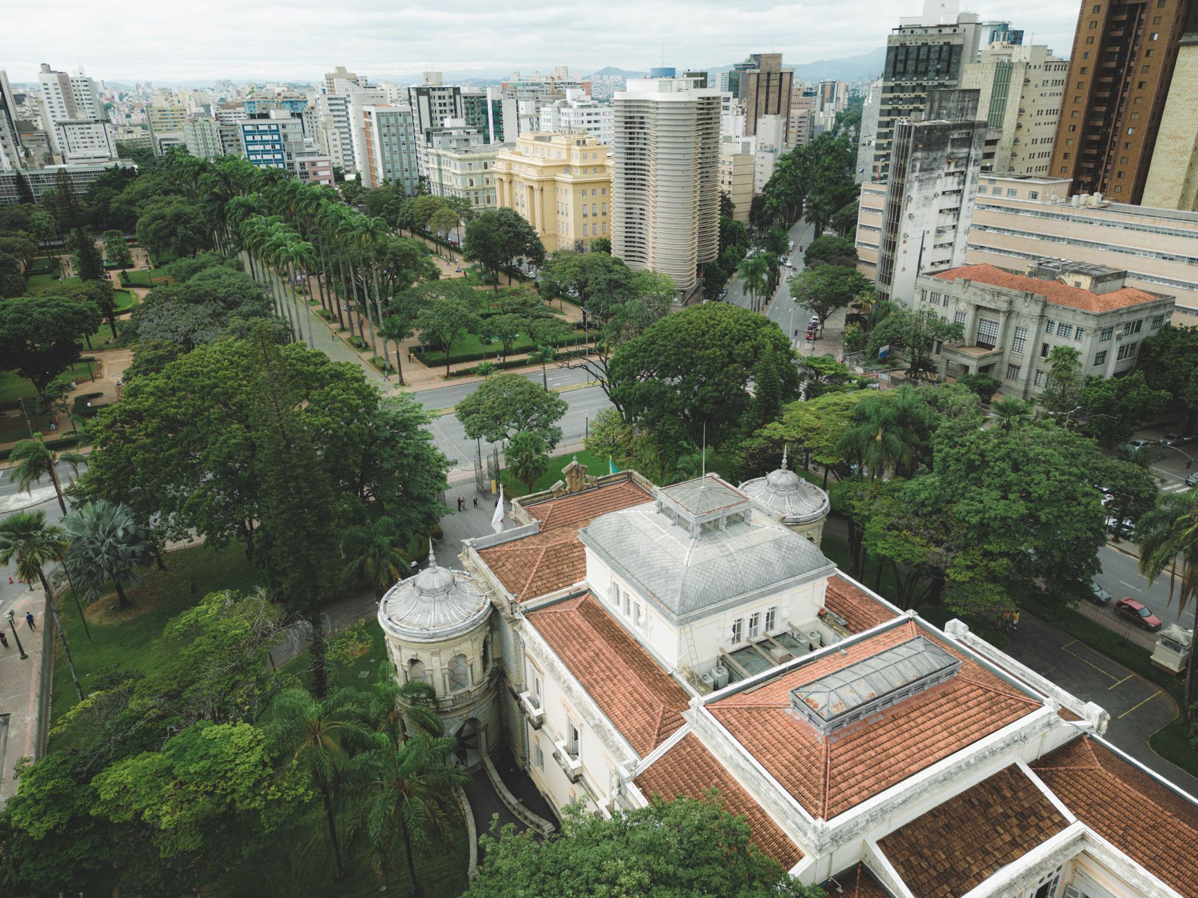 Scenic aerial view of Praça da Liberdade with neoclassical architecture in Belo Horizonte, Brazil.