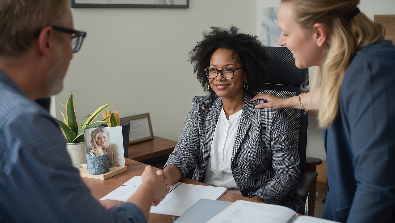 business, office, meeting, collaboration, teamwork, professionals, discussion, agreement, partnership, consultation, advice, support, diversity, inclusion, women in business, men in business, corporate, workplace, strategy, planning, paperwork, smiling, happy, interview, ai generated