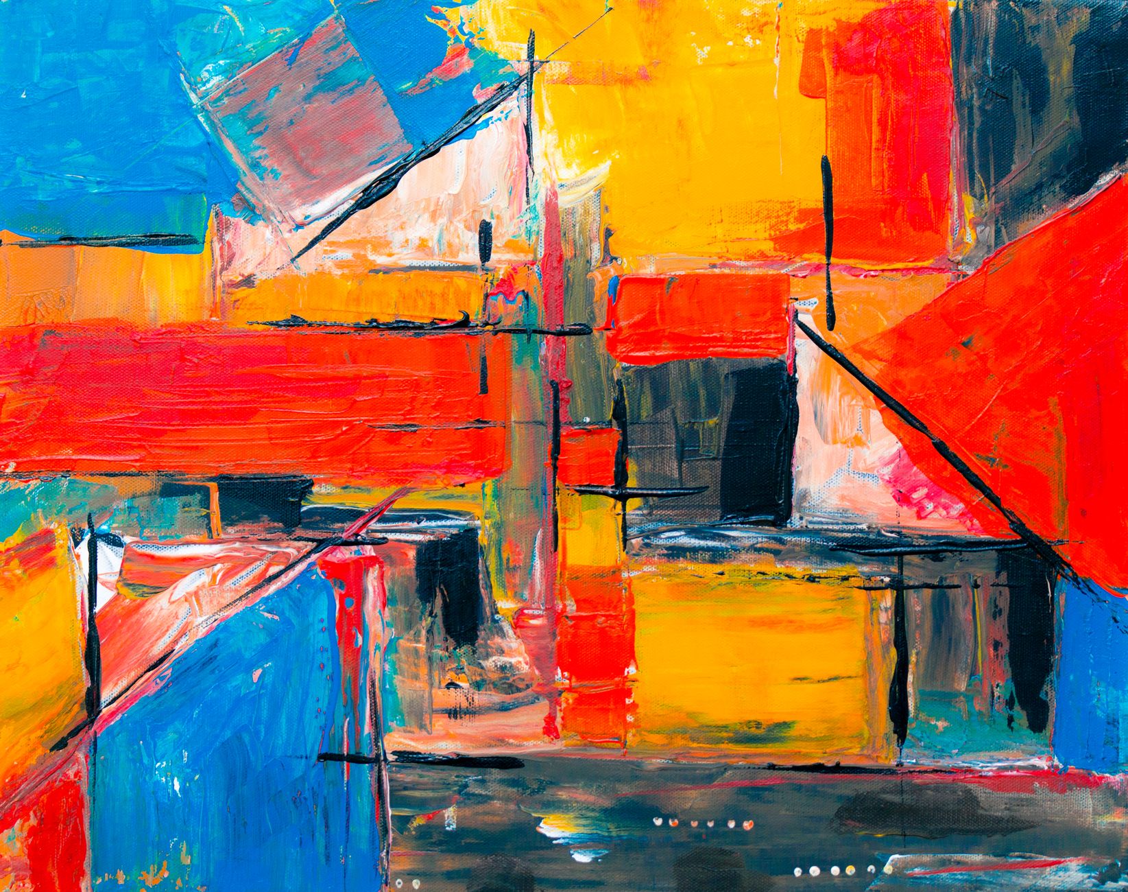 Colorful abstract painting with bold brushstrokes and vibrant hues, displaying modern art style.