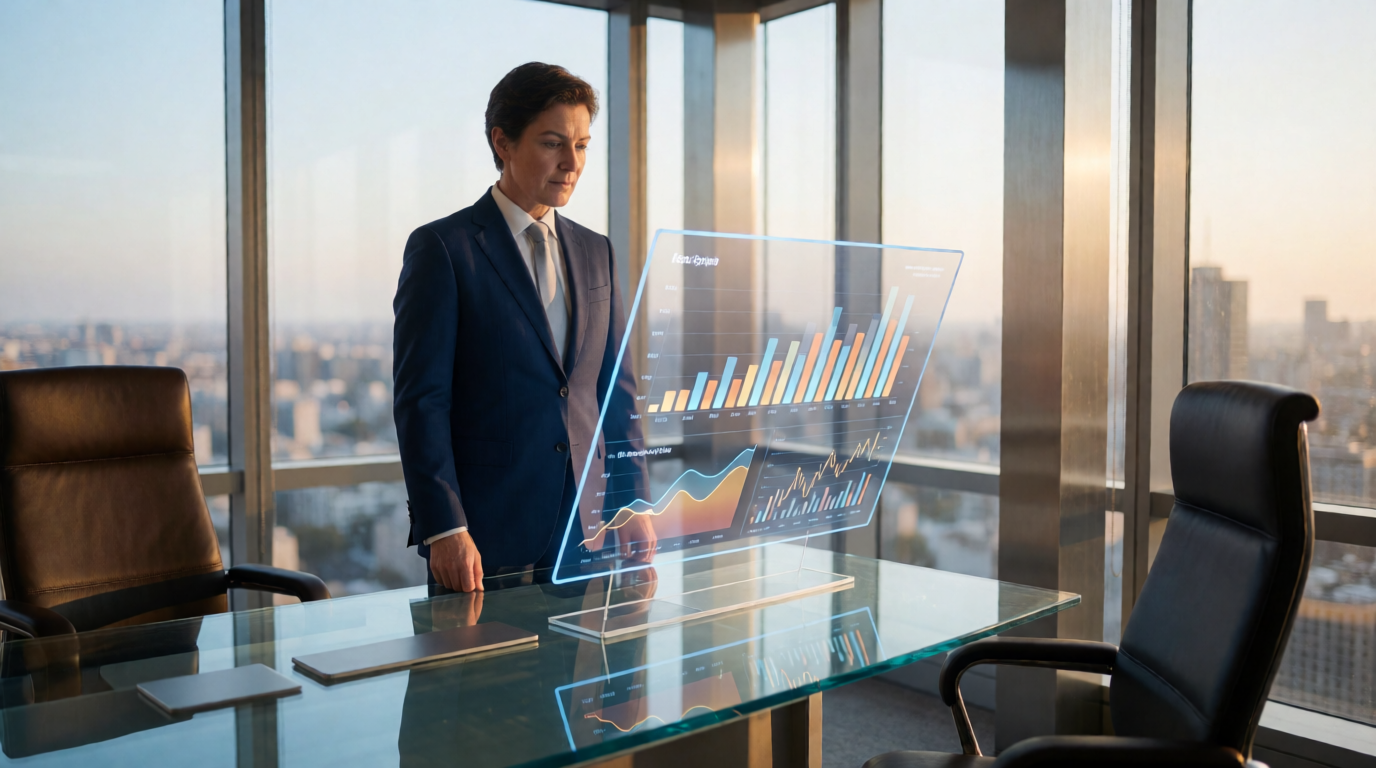 Executivo corporativo analisando gráficos de dados digitais em tela de alta tecnologia