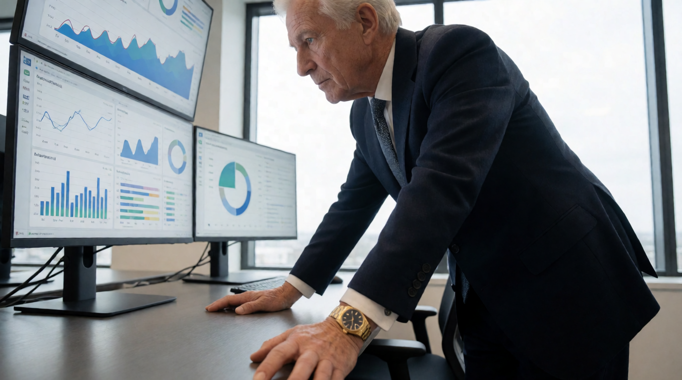 Executivo analisando painel de indicadores digitais em escritório moderno