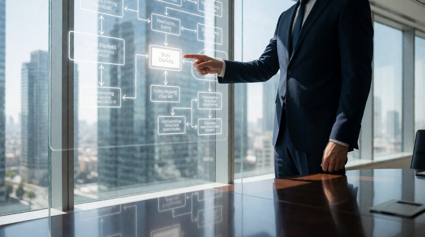 Diagrama de fluxo de processos em parede de vidro de escritório