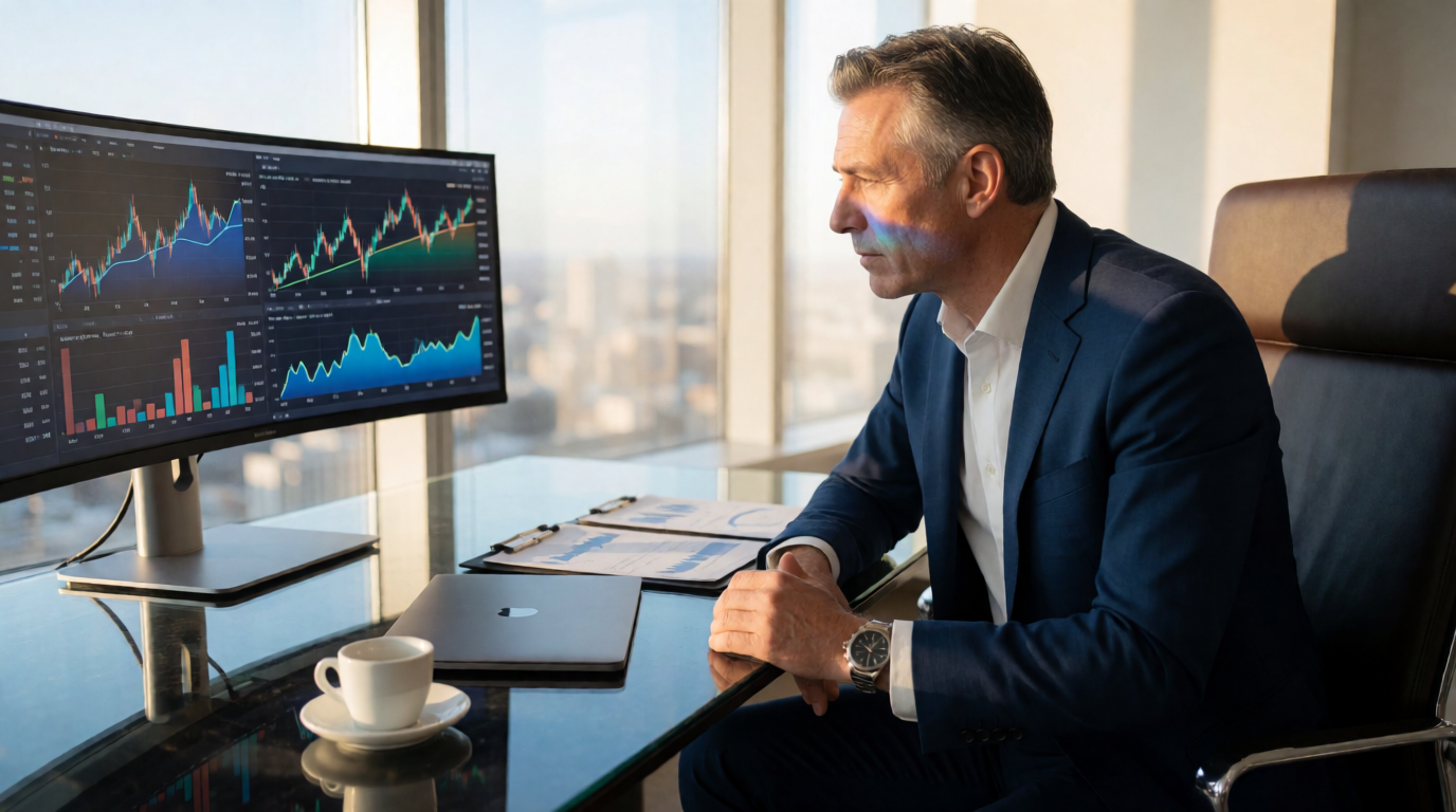 Executivo analisando dashboard financeiro de transformação digital