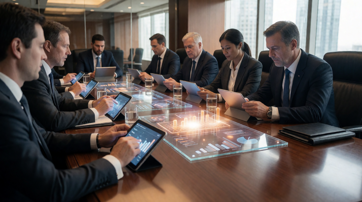 Reunião de conselho com análise de dados em tempo real