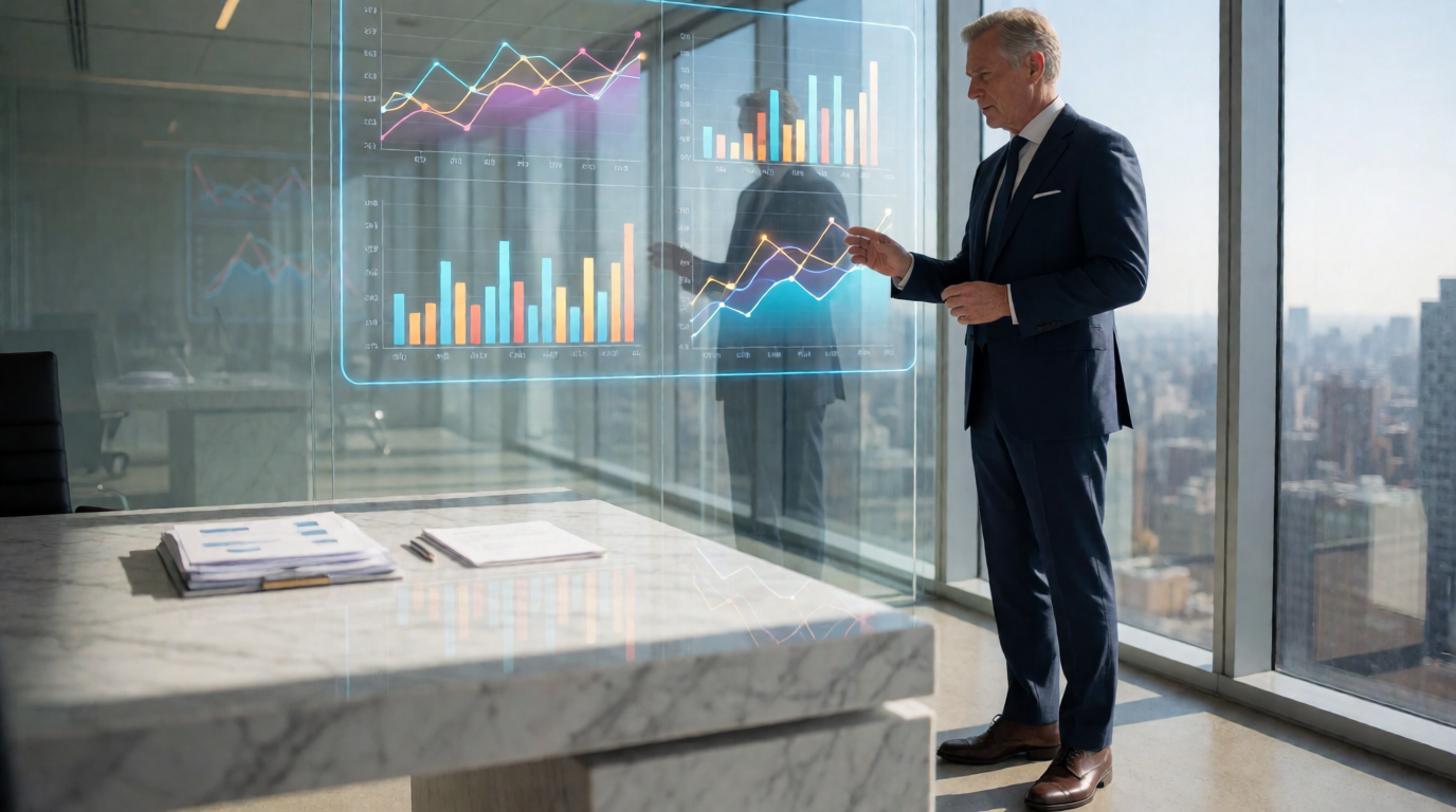 Executivo analisando gráficos de dados em um escritório moderno