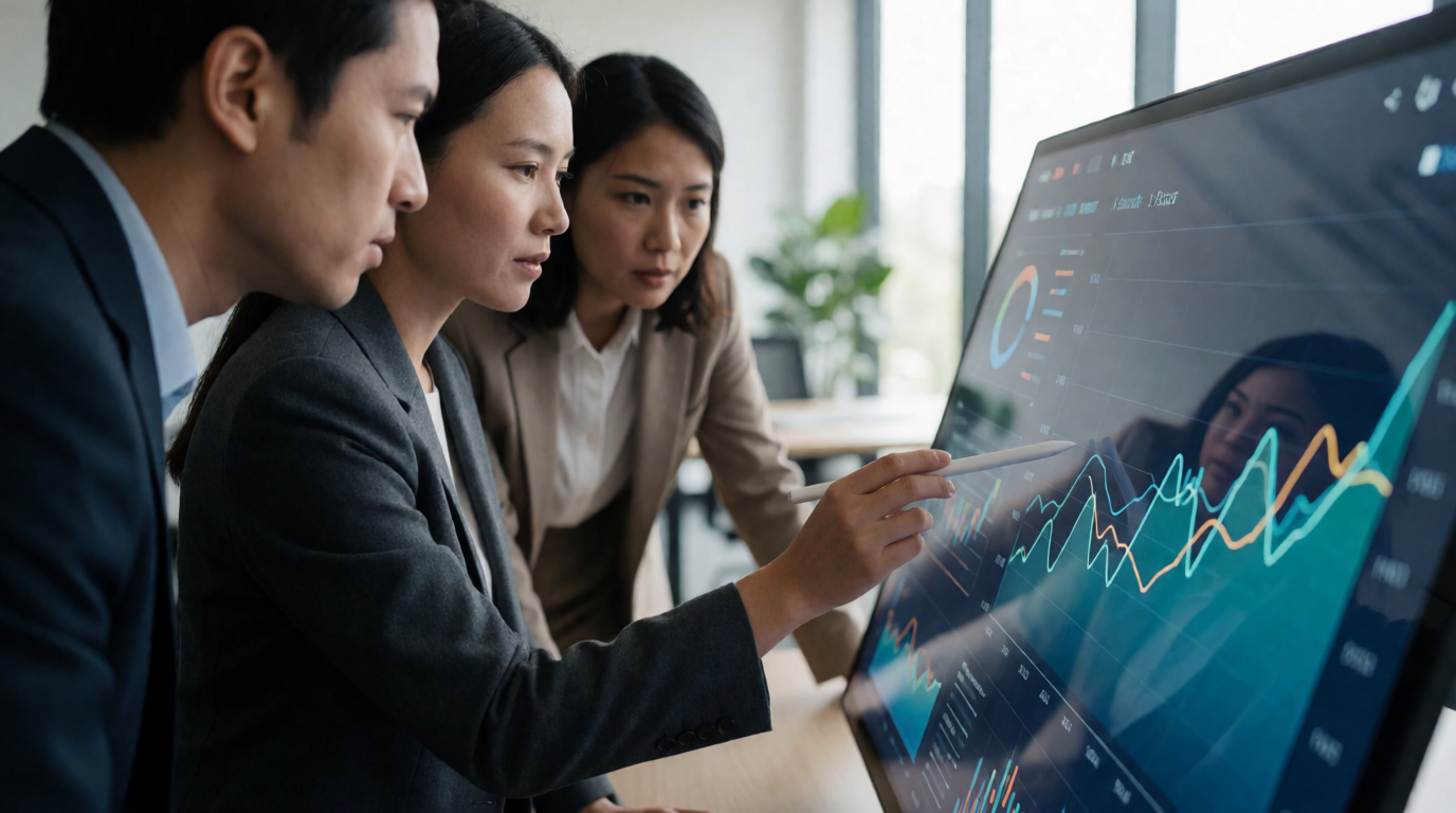 Equipe de negócios analisando dados em dashboard corporativo