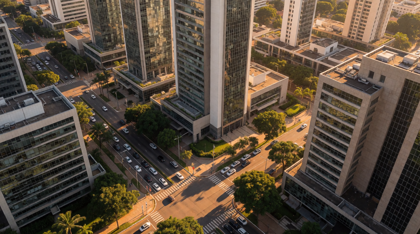 Vista aérea do centro empresarial de Cuiabá mostrando infraestrutura urbana