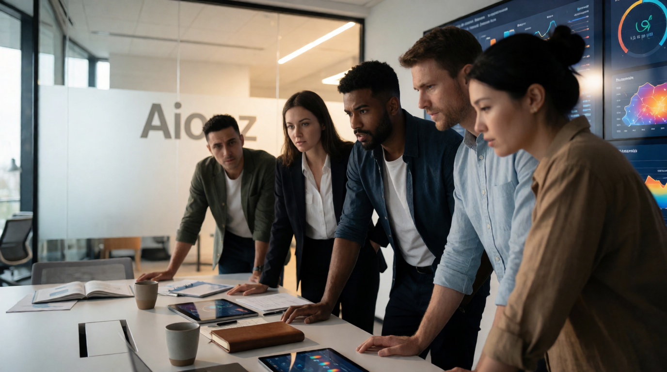 Equipe analisando painel de dados com indicadores de desempenho