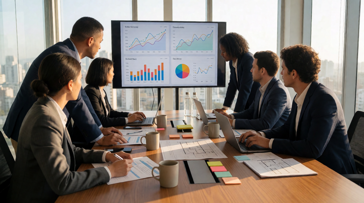 Equipe analisando dados estratégicos em Goiânia
