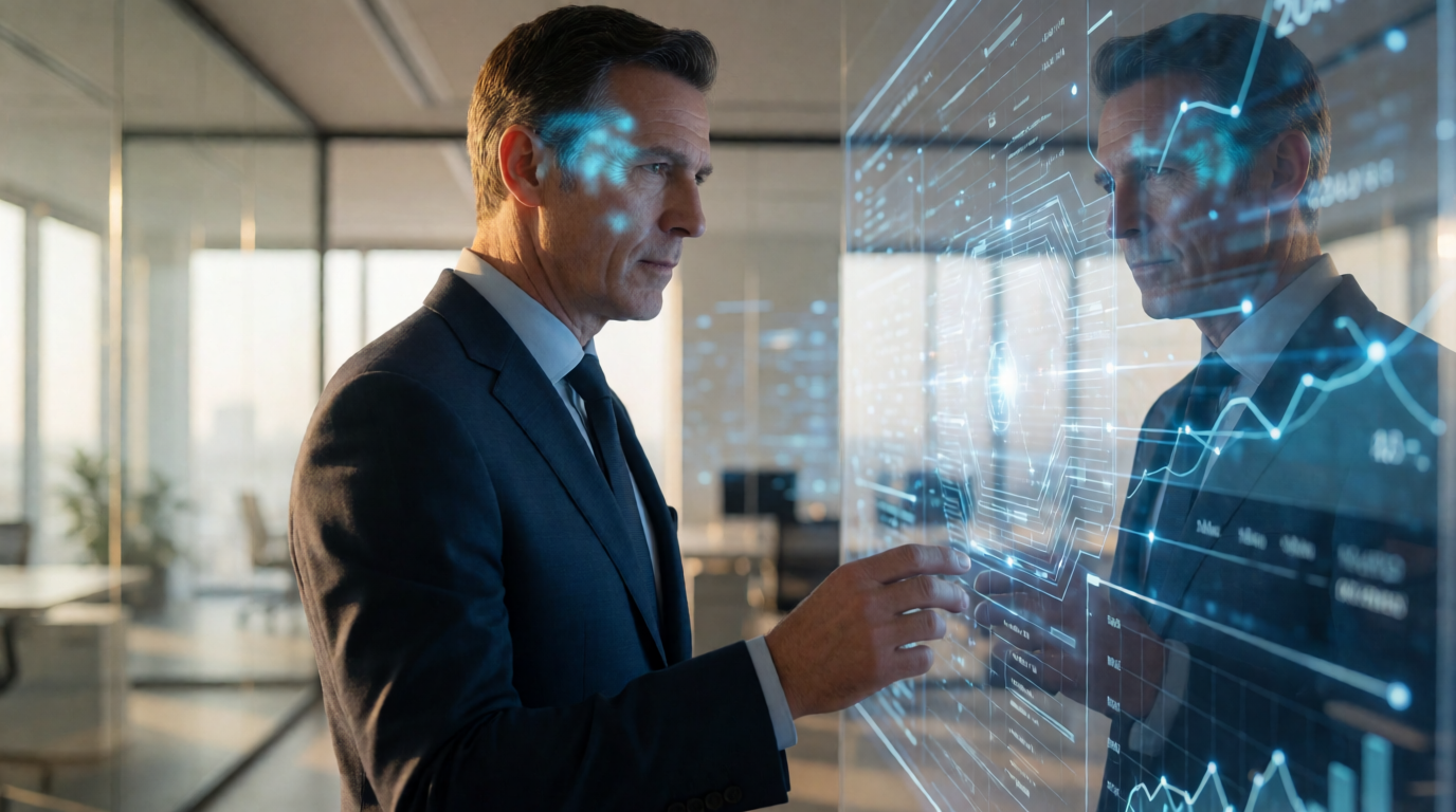 Executivo analisando dados em dashboard de IA corporativa