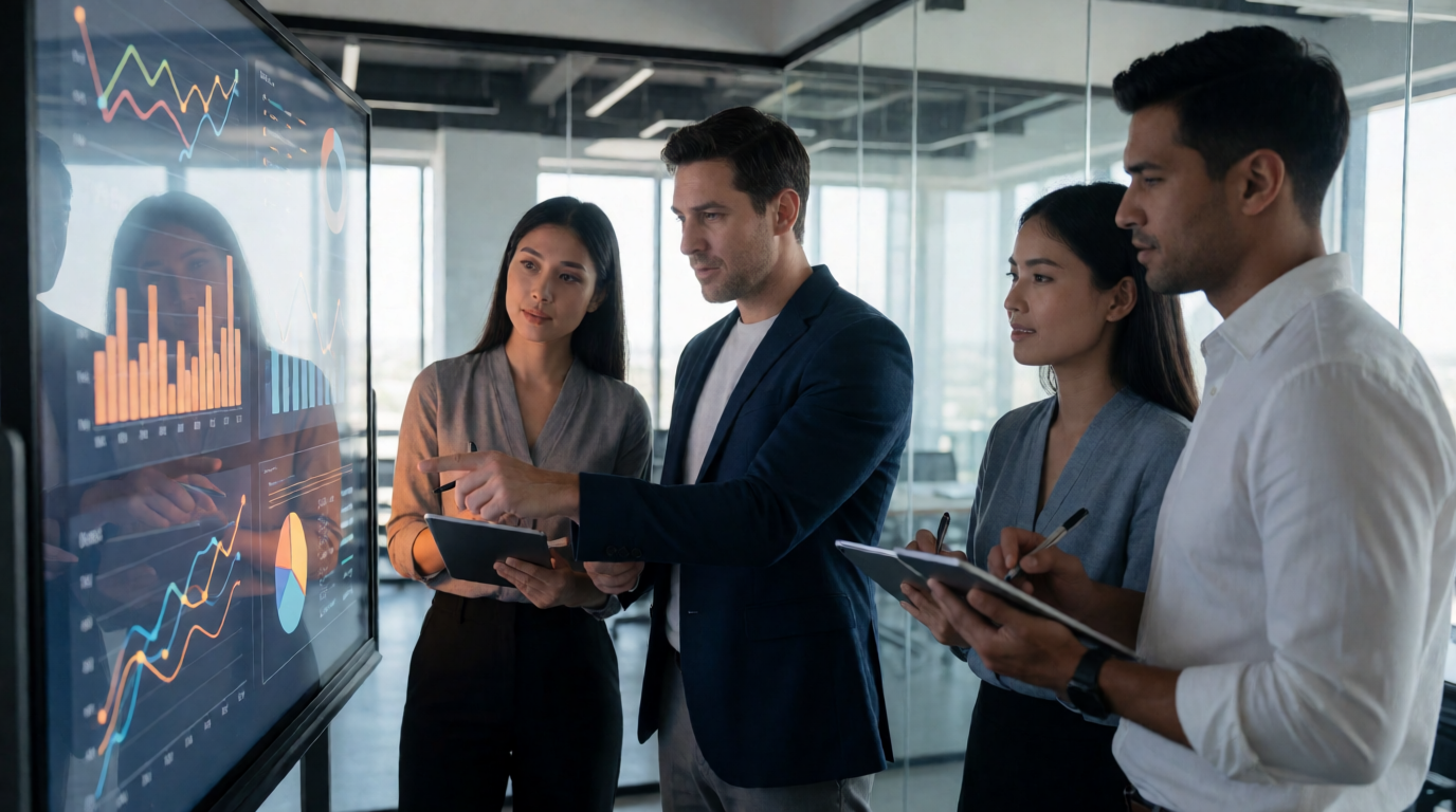 Equipe profissional colaborando em um quadro de estratégia digital