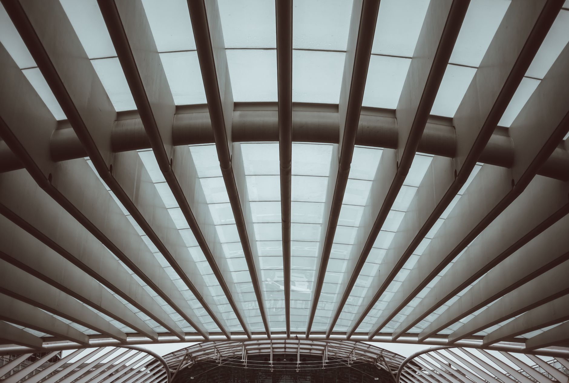From below of glass geometric ceiling with metal beams in contemporary building in daylight