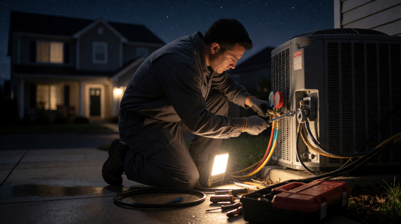 Técnico de ar-condicionado realizando reparo noturno em Barueri