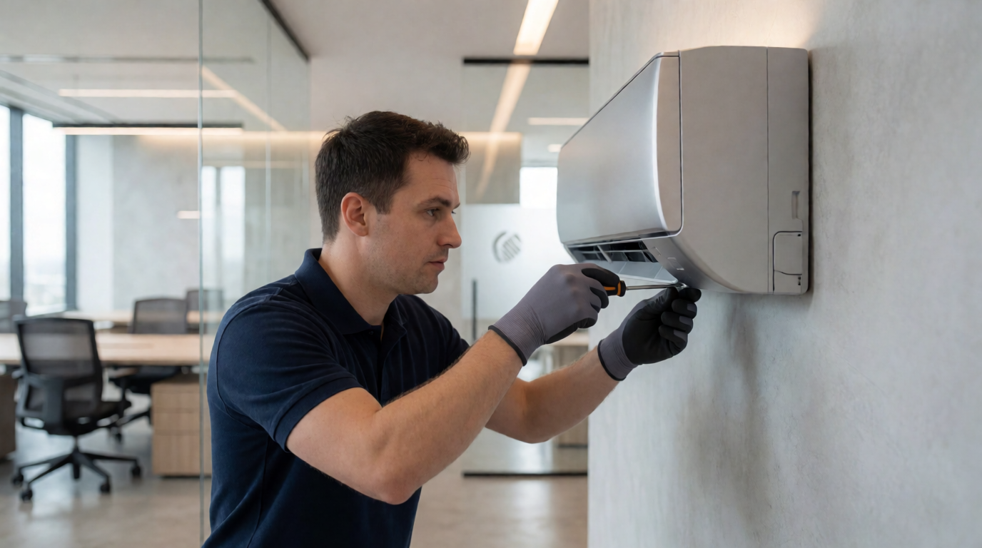 Instalação profissional de ar-condicionado inverter em ambiente corporativo